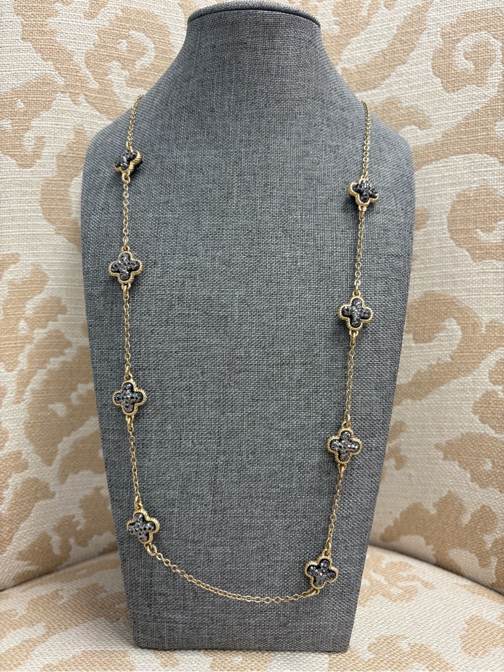 Gold Clover Station Long Necklace with Black Accents